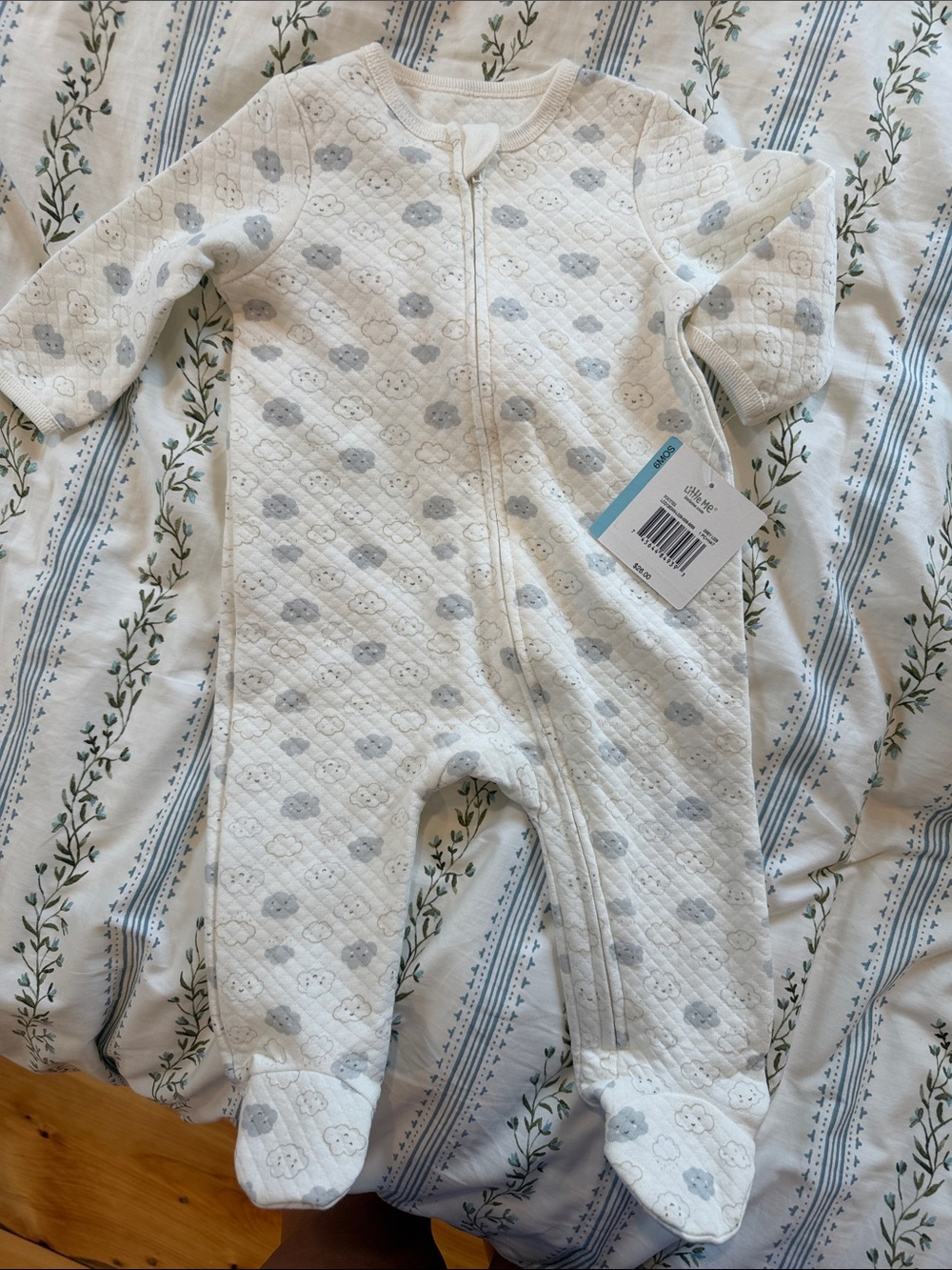 Little Me Cream Quilted Baby Footed One-Piece with Gray Cloud Print